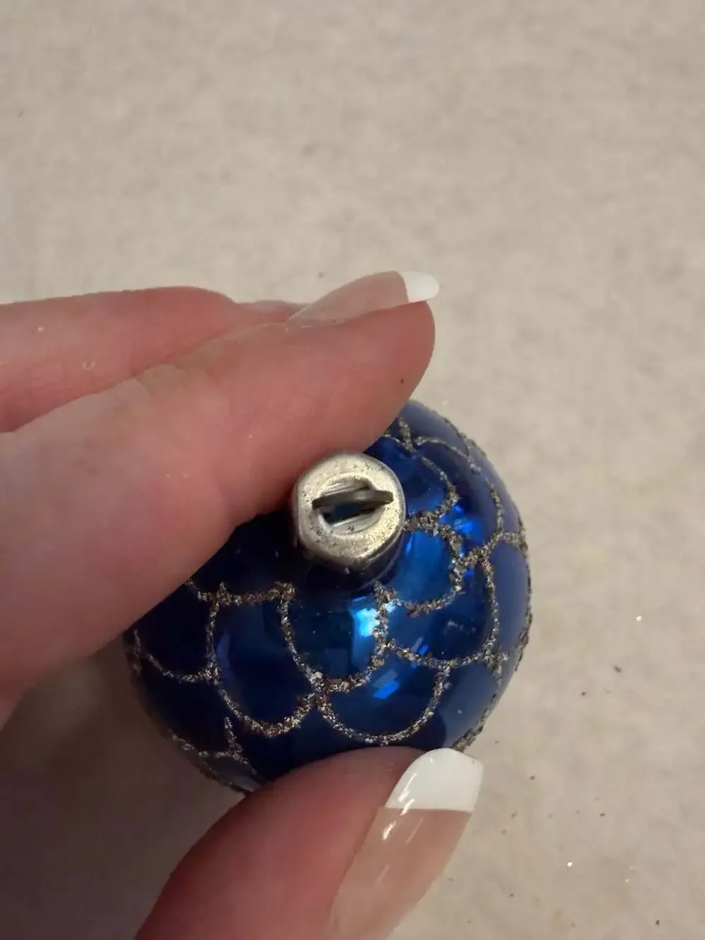 Vtg Blue Glass Christmas Ball Ornament with Silver Glitter Fish Scale Pattern